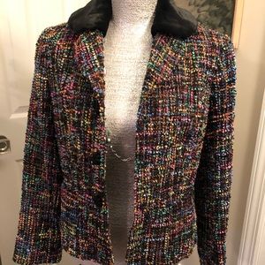 Gorgeous multi color tweed blazer with fur neck